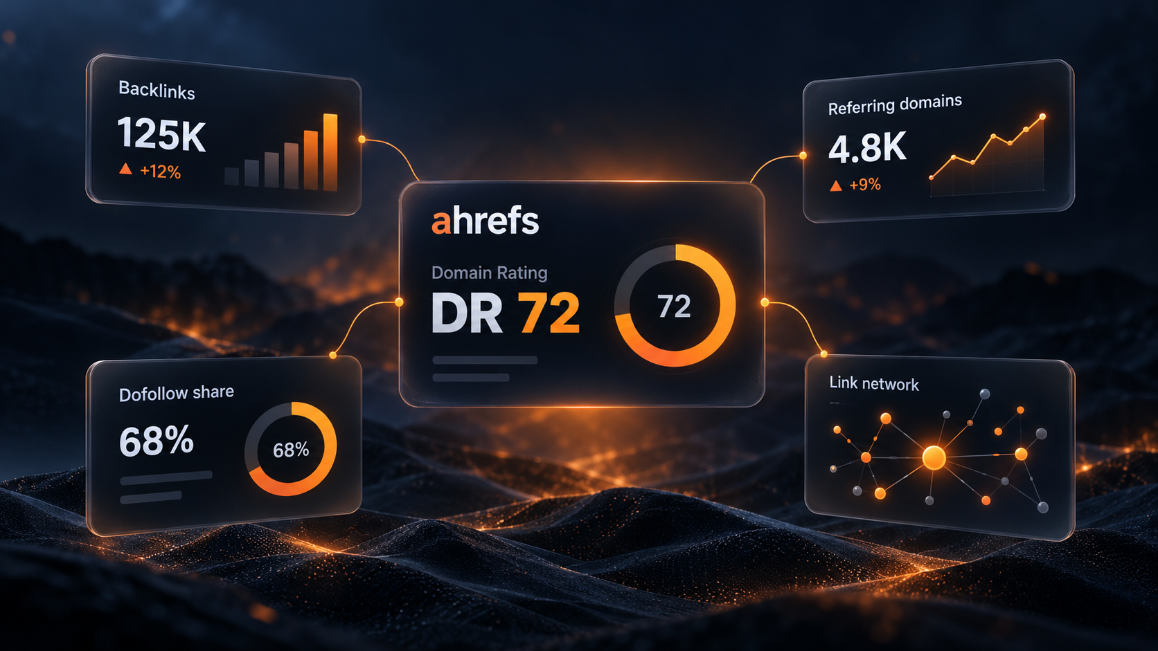 Ahrefs Domain Rating illustration with backlink metric cards