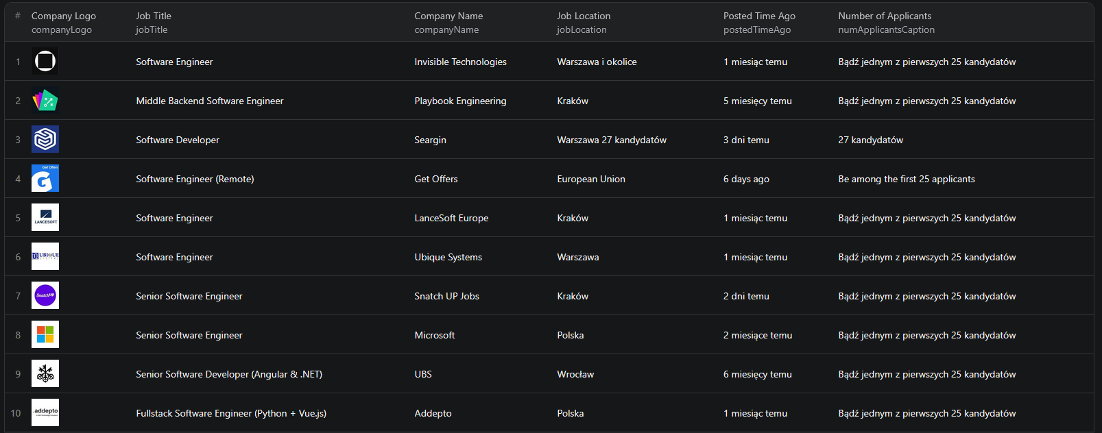 LinkedIn Job Details Scraper results