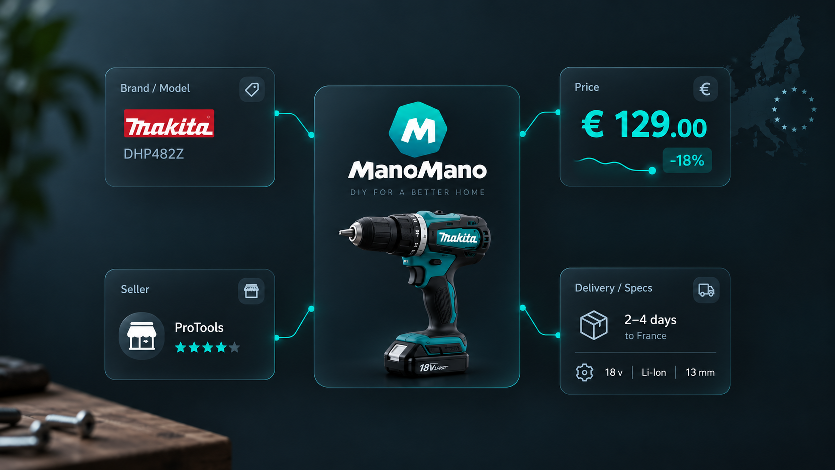 ManoMano product data cards for model, seller, price, and delivery