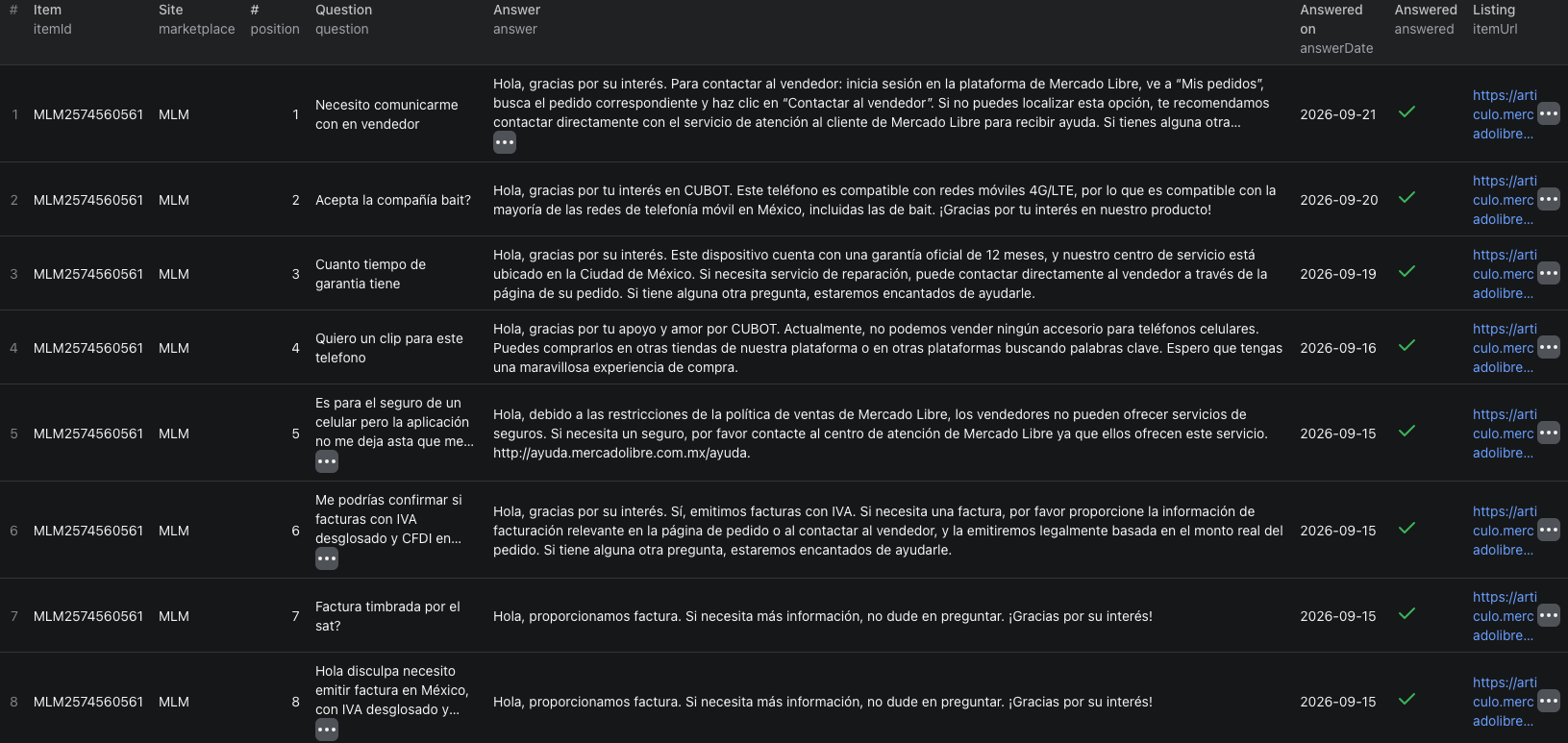 Mercado Libre question and answer rows in Apify