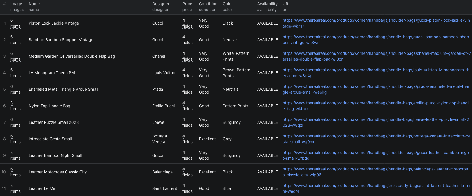The RealReal listing records in the Apify Console
